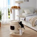 Multi-level cat tree with comfy padded top perch, ideal for small spaces, featuring a cozy condo and scratching posts.