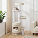 Multi-level cat tree with comfy padded top perch, featuring a cozy condo and scratching posts, perfect for small spaces.