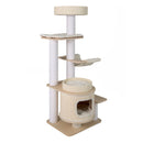 Multi-level cat tree in white with comfy padded top perch, ideal for small apartments and encouraging climbing behavior.