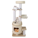 Multi-level cat tree with padded top perch, cozy condo, and scratching posts, perfect for small apartments.