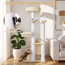 Multi-level cat tree with comfy top perch and scratching posts, perfect for small apartments and feline lounging.