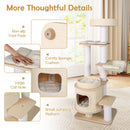 Multi-level cat tree with comfy padded top perch, large cat condo, and non-slip foot pads for stability in small spaces.