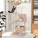 Cat tree with multiple tiers, cozy perch, and sisal scratching posts in beige for playful feline relaxation.