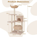 Dimensions of the 146cm beige cattail cat tower with multiple tiers, cozy resting areas, and sisal scratching posts.