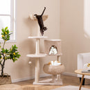 Cat tree with multiple tiers, beige sisal scratching posts, and cozy resting areas for playful kittens.