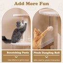 Sisal scratching posts and plush dangling ball on the 146cm beige cat tower for playful interaction and claw grinding.