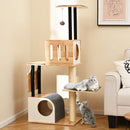 Modern tall cat tower with double condos, sisal scratching posts, and playful pompom toys for active cats.