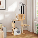 Modern tall cat tower with double condos and jumping platforms, featuring natural wood and sisal for scratching and.