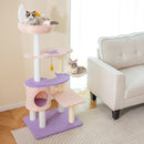 Multi-level cat tree in purplish pink with plush perch, hammock, and sisal scratching posts for playful cats.