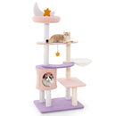 Multi-level cat tree with plush perch, cozy condo, and sisal scratching posts in purplish pink for playful cats.