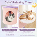 Multi-level cat tree with cozy condo and plush hammock in purplish pink, perfect for relaxing and exploring.