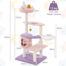 Multi-level cute cat tree with plush perch, hammock, and condo, featuring sisal scratching posts in purplish pink.