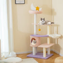 Multi-level cute cat tree in purplish pink with plush perch, hammock, and cozy condo for playful relaxation.