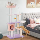 Multi-level cat tree with plush perch, hammock, and cozy condo in purplish pink for playful and relaxing feline fun.