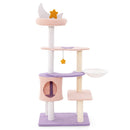 Multi-level cat tree in purplish pink with plush perch, hammock, and sisal scratching posts for playful comfort.