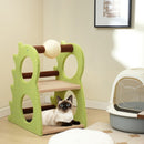 2-tier green cat tree with plush fabric, featuring a rotatable sisal scratching ball and cozy resting areas for indoor.