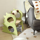Green 2-tier modern cat tree with a rotatable sisal scratching ball, featuring cozy platforms and playful cat holes.