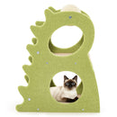 Green 2-tier cat tree with dinosaur shape, featuring a rotatable scratching ball and cozy hideaway for indoor cats.