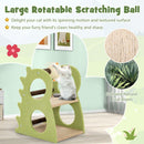 2-tier modern cat tree in green with a rotatable sisal scratching ball, providing a cozy space for indoor cats.