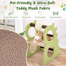 2-tier green cat tree with plush fabric, featuring a rotatable sisal scratching ball and four exploration holes.