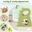 2-tier modern cat tree in green with dinosaur shape, featuring plush fabric and a rotatable sisal scratching ball.
