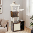 Cat climbing tower with sisal scratching post and cozy basket, rustic brown, ideal for lounging and hidden litter box.