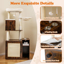 Cat climbing tower with sisal scratching post, cozy basket, and hidden litter box in rustic brown for stylish pet care.