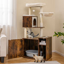 Cat climbing tower in rustic brown with sisal scratching post, cozy basket, and hidden litter box enclosure for.