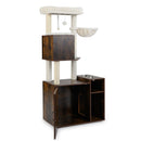 Cat climbing tower with sisal scratching post and hidden litter box enclosure in rustic brown, perfect for.
