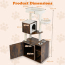 Cat climbing tower with sisal scratching post, cozy basket, and hidden litter box enclosure in rustic brown finish.