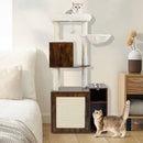 Cat climbing tower with sisal scratching post and cozy basket, rustic brown, doubles as a litter box enclosure and.