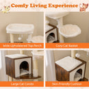 Wide upholstered top perch and cozy cat basket on a multifunctional cat climbing tower in rustic brown.