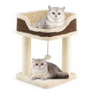 Compact cat tree tower in beige with plush perch and sisal scratching posts, perfect for relaxing and playing.