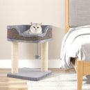 Compact cat tree tower in grey with plush perch and sisal scratching posts, perfect for relaxing and playing.