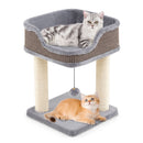 Compact cat tree tower in grey featuring two sisal scratching posts and a plush lower area for lounging and playing.