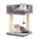Compact cat tree tower in grey with plush top perch and sisal scratching posts, perfect for relaxing and sleeping.