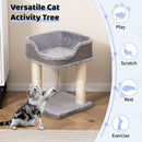 Compact cat tree tower in grey with plush top perch and sisal scratching posts for resting and exercising.