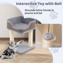 Compact cat tree tower in grey with plush top perch and sisal scratching posts, perfect for relaxing and playing.