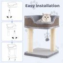 Compact cat tree tower in grey with plush top perch and sisal scratching posts, perfect for relaxing and scratching.