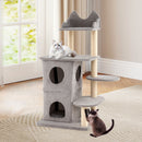 Multi-level cat tree with 2-story condo, 3 hideaway caves, and sisal scratching posts for large cats in grey.
