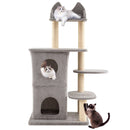 Cat tree featuring a cozy top perch and spacious hideaway caves, designed for large cats to lounge and play comfortably.