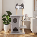 Multi-level cat tree with 2-story condo, sisal scratching posts, and plush surfaces for large cats in grey.