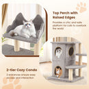 Cat tree with 2-tier cozy condo and top perch, featuring sisal scratching posts for large cats in grey.