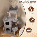 Multi-level cat tree in grey with 2-story condo, 3 hideaway caves, and sisal scratching posts for healthy play.
