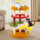 Hamburger-themed cat tree with vibrant colors, cozy resting spots, and sisal scratching posts for playful cats.