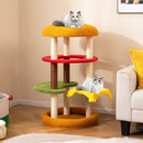 Hamburger-themed cat tree with cozy beds and scratching posts, featuring vibrant colors and multiple platforms for play.