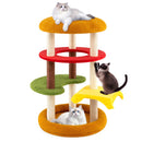 Hamburger-themed cat tree with vibrant colors, cozy beds, and scratching posts for playful and comfortable lounging.