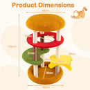 Dimensions of the hamburger-themed cat tree with scratching posts, featuring vibrant colors and cozy resting spots.
