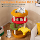 Hamburger-themed cat tree with vibrant colors, cozy bed, and scratching posts for playful lounging and relaxation.