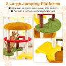 Three large jumping platforms of the hamburger-themed cat tree, featuring vibrant colors and cozy resting spots for.